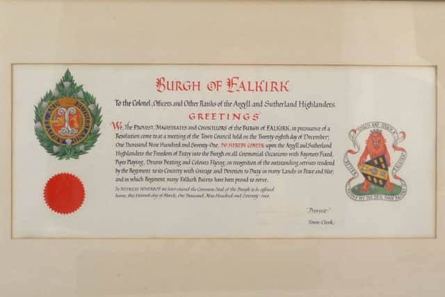 Historic document giving the Argyll and Sutherland Highlanders the Freedom of the Burgh of Falkirk in 1971.