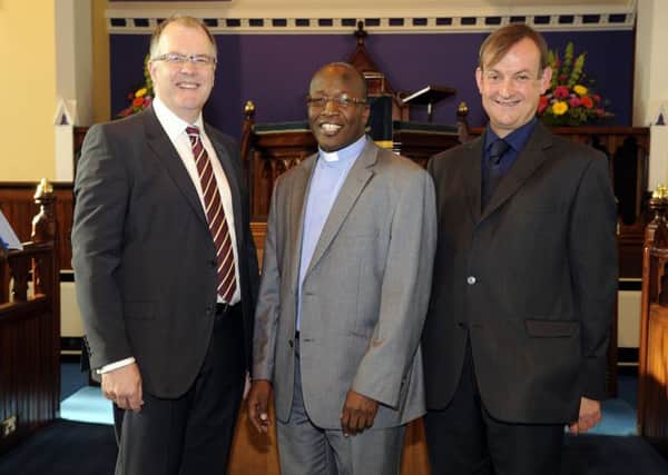 Reverend Too with Campbell Young and Dr Stuart McDonald at Westpark
