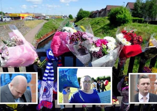 Left, Mark Munro hangs his head at the trial. Russell Robertson's mum Margaret, centre, and James Robertson, right. Main image, flowers adorn railings at the canal where Russell died