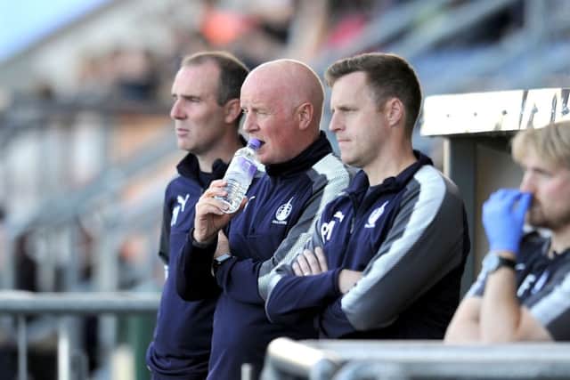 James McDonaugh, Peter Houston and Alan Maybury watch on at 0-4 down. Picture by Michael Gillen.