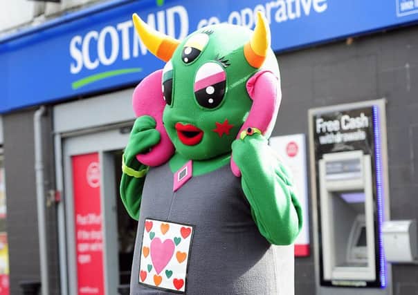 Bonnybridge's official mascot, sponsored by the Scotmid store, celebrates the villages'  connection with alien activity