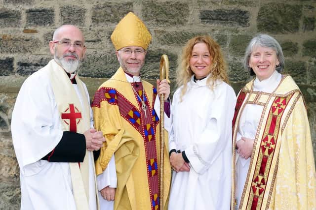 Pictured are Reverend Canon Dean Fostekew, Bishop's Chaplin;  Right Rev. Dr. John Armes, Bishop of Edinburgh; Rev. Sarah Shaw and Very Reverend Dean Frances Burberry of the Diocese of Edinburgh.