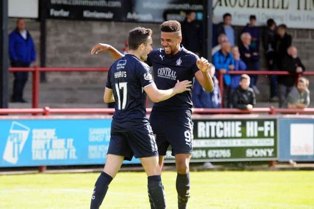 Alex Harris celebrated with Nathan Austin in Brechin. Picture by Michael Gillen
