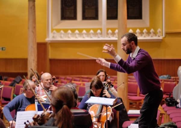 Tryst Orchestra rehearsing with new conductor Michael Graham in Trinity Church, Falkirk.
Orchestra photographs by Sweet P Photography/courtesy of The Write Angle
