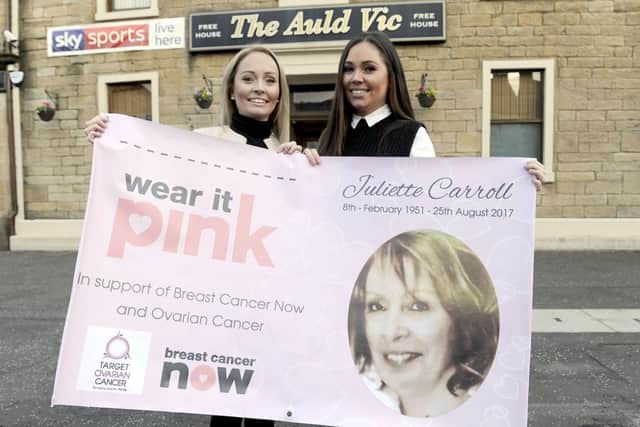 30-10-2017. Picture Michael Gillen. FALKIRK. The Auld Vic. Emma Carroll (34) and Lara Carroll (30) holding a fundraiser for breast cancer and ovarian charities in memory of their mum Julliette Carroll who died in August.