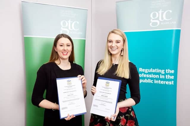 Abigail Stirling is pictured right, alongside Rachel Frew from the University of the West of Scotland who received the George D Gray Award.  Pic: GTCS