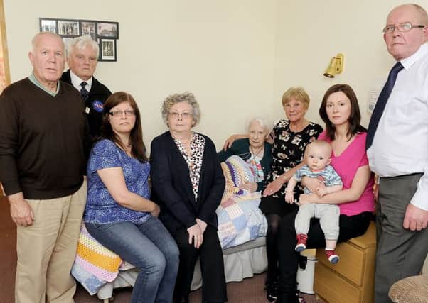 Bonnybridge care home resident Christina Wilson (at rear of group) with family and supporters - including local councillors against decision to close her Thornton Gardens home.