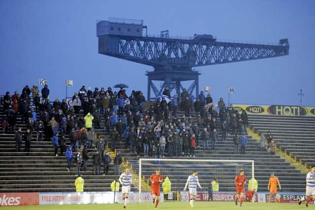 Falkirk fans from the 'Wee Dublin End' seen here, or covered seating in the main stand. Picture Michael Gillen.