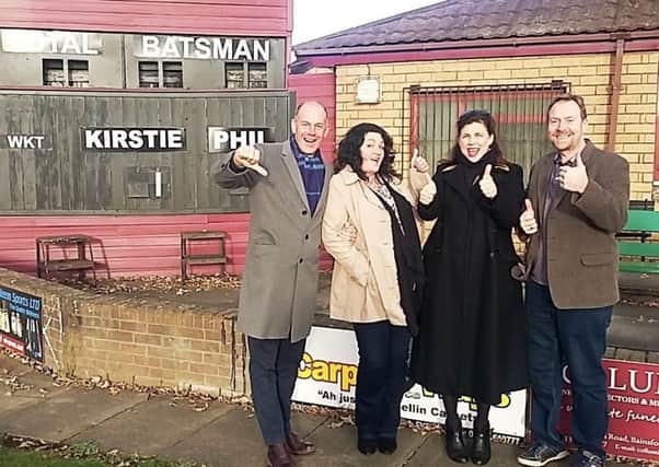 Left to right show host Phil, Mhairi Ollier, show host Kirstie and Steve Ollier - pictured at Stenhousemuir Cricket Club, their favourite local amenity and the one feature they could not bear to leave behind.