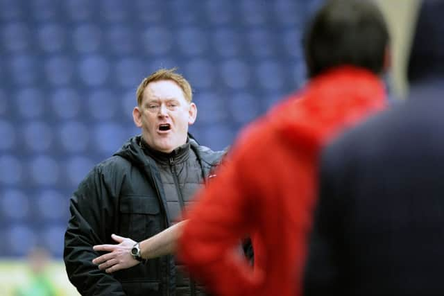 Livingston manager David Hopkin contested Paul Hartley's viewpoint after Shaun Byrne was fouled by Andrew Nelson. Picture Michael Gillen.