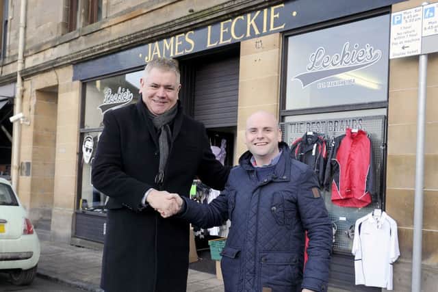 Brian Flynn and David Leask outsdie Leckies shop. Pic: Michael Gillen