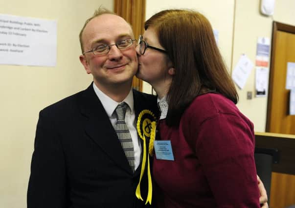 Winner of the Bonnybridge and Larbert by-election Niall Coleman SNP, pictured with his wife Claire Coleman.  Picture: Michael Gillen.