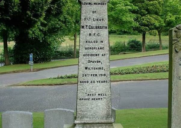 The gravestone of Second Lieutenant William Galbraith who was killed when his Sopwith Pup crashed on February 26, 1918.