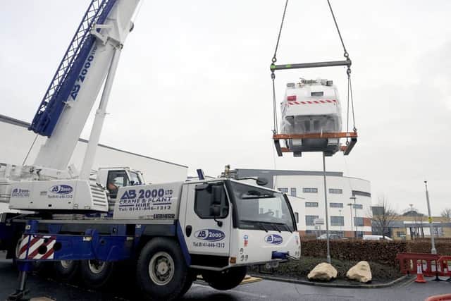 Forth Valley Royal Hospital receives a delivery of a new Â£1m MRI scanner magnet. Picture: Michael Gillen.