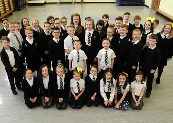 16-02-2018. Picture Michael Gillen. BO'NESS  St Mary's Primary School. Bo'ness Fair retinue, with Queen elect Zoe Carlin 11, centre.