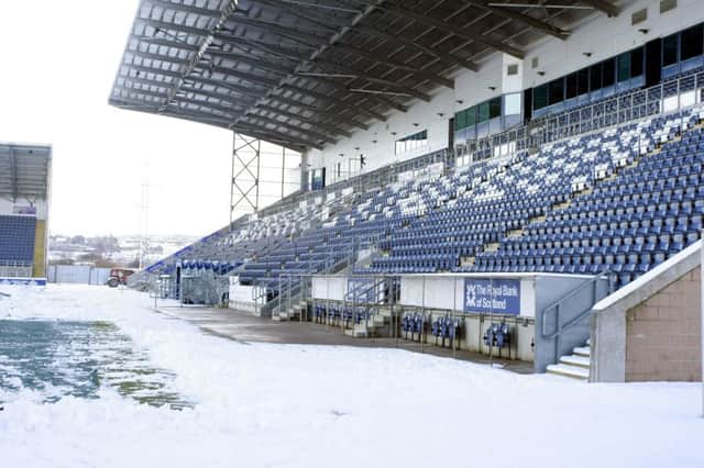 Falkirk Stadium was under a blanket of snow, forcing the cancellation of training yesterday. Picture Michael Gillen.