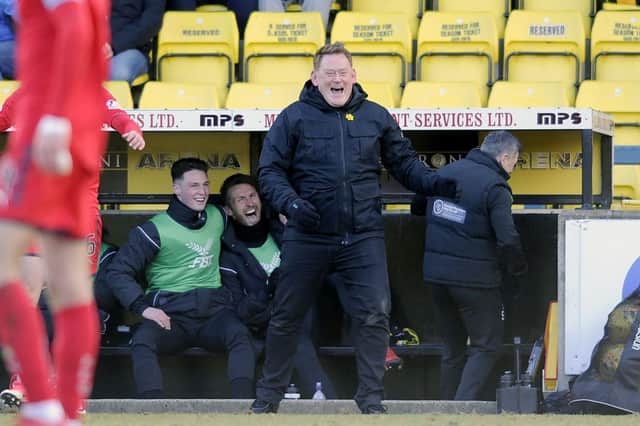 Lee Miller 18 can't hide his enjoyment at seeing David Hopkin tumble. Picture Michael Gillen.
