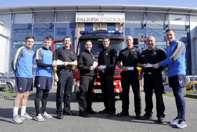 White Watch from Falkirk Fire Station joined players Kevin O'Hara, Andrew Nelson and Louis Longridge to promote the ticket initiative.