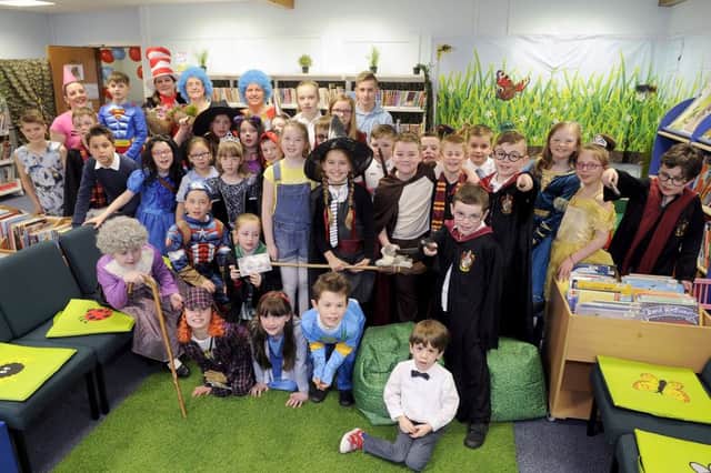 Ladeside Primary School. Rescheduled World Book Day celebrations and opening of new school library. Primary 4 pupils helped to celebrate the opening.