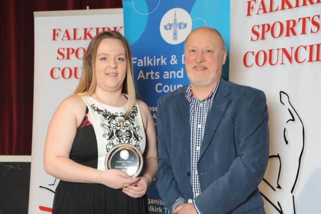 Kirsten Proctor presented with award by Harry Forster. Falkirk District Sports Council Awards 2017 . Picture Paul Borg Grech.