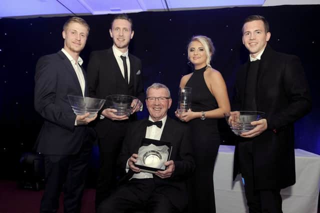 Tommy Robson, Falkirk FC Goal of the Season; Jordan McGhee, Falkirk FC Supporters Player of the Year; Alex Smith with his Outstanding Contribution Award; Shivohn Honeyman, Falkirk FC Women Player of the Year and Louis Longridge, Falkirk FC Player's Player of the Year. Pic by Michael Gillen.