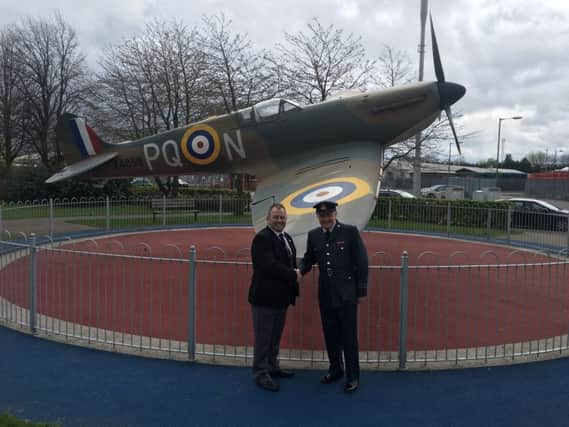 Councillor James Kerr and Squadron Leader Tom McMorrow prepare for the arrival of the RAF 100 Relay at the Grangemouth Spitfire Memorial on May 26