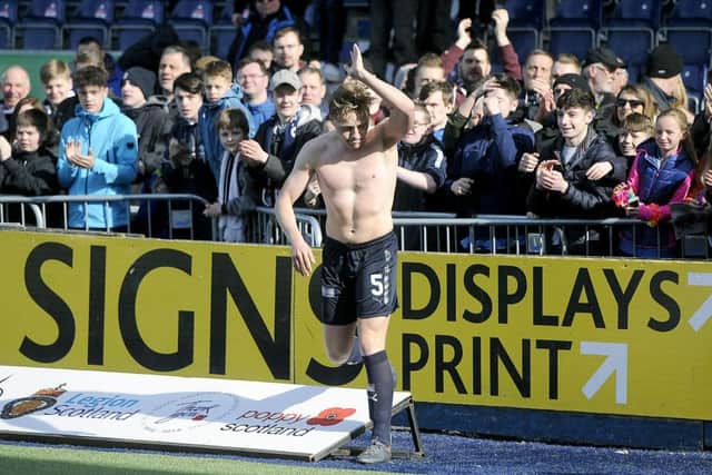 Peter Grant says farewell to the fans on his last game and 100th league appearance for Falkirk. Picture Michael Gillen.