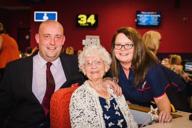 Mima Heaney (99) turns 100 on July 20 from Banknock with David Gaffney of BuzzBingo Falkirk. Mima opened the hall after the relaunch and called numbers.