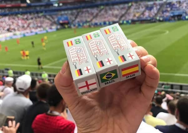 Football Dice made its way to the World Cup in Russia this summer. Here they are at Sweden vs England.