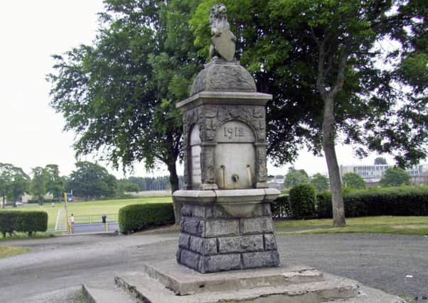 The memorial fountain as it looked before the Lion of Scotland was wrenched from its base and thrown to the ground.  Now it will be restored to its former glory.