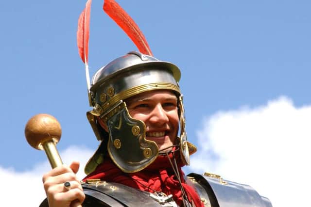 A re-enactor from the Antonine Guard wearing the famous lorica segmentata armour.