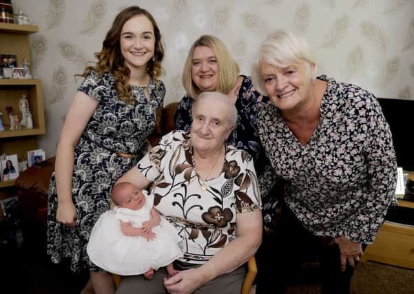 Poppi with mum Rebecca Gardiner; gran Anne Gibson; great-gran Janet Sharp; and great-great gran Annie Gibson. Picture: Michael Gillen