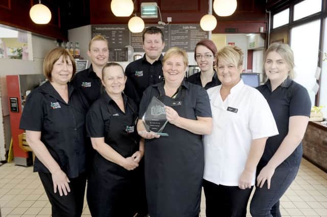 Left to right: Sally Kennedy, counter assistant; Emma Sewell, shift leader; Donna Beveridge counter assistant; Mark Currie, counter assistant; Ailsa McKay, manager; Sammie Miller, counter assistant; Margaret Fraser, cook; Shonagh Earl, counter assistant and Sarah Baird, counter assistant.