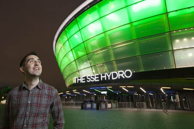 Face of the campaign...Scottish transplant recipient Gordon Hutchinson visited the illuminated SSE Hydro in a bid to  encourage people across Scotland to join the NHS Organ Donor Register.