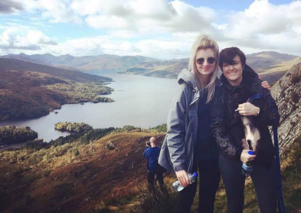 Mandie Stevenson and pug Frank with friend Nicole at the top of Ben Aan as the trio enjoyed a Sunday morning in Scotlands countryside