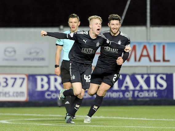 Tommy Robson and Lewis Kidd celebrate in Falkirk's 6-1 win over Dundee United