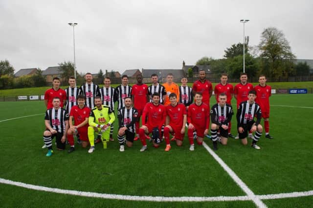 Dunipace and Falkirk XI line-up ahead of the game at Westfield Park. Picture Jamie Forbes.