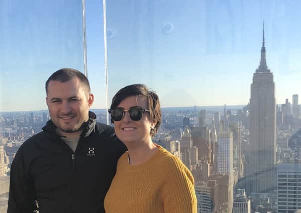 Mandie and boyfriend Ross Malcolm at the Top of the Rock in New York ... where they met someone she knew from Falkirk!