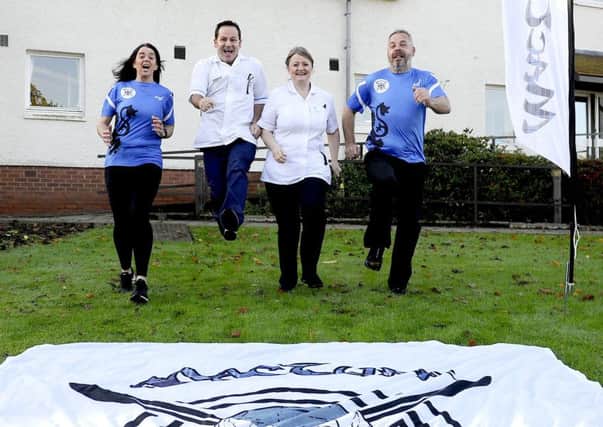 Marnie McLuckie of MacTuff,  Lawrence Kane and Tina Gallagher of Strathcarron Hospice and Alex Potter of MacTuff launch the 2019 race challenge.