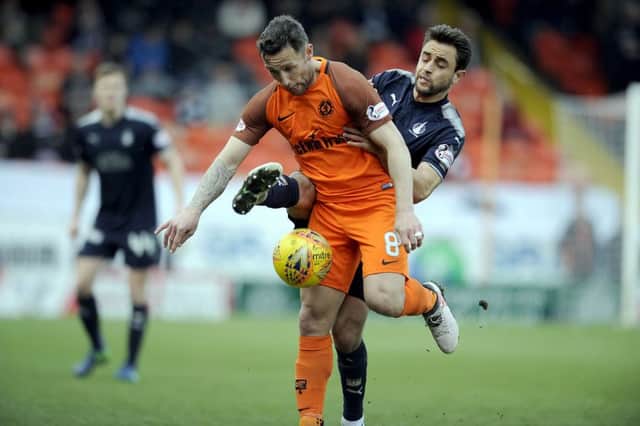 Scott McDonald featured for Dundee United against the Bairns last season. Pictured with Tom Taiwo. Picture by Michael Gillen.
