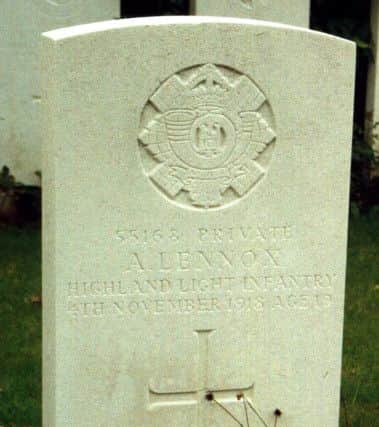 Archie Lennox's last resting place - his headstone shows the emblem of the famous Highland Light Infantry.