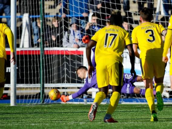 David Mitchell saves Stephen Dobbie's first half penalty. Picture Michael Gillen
