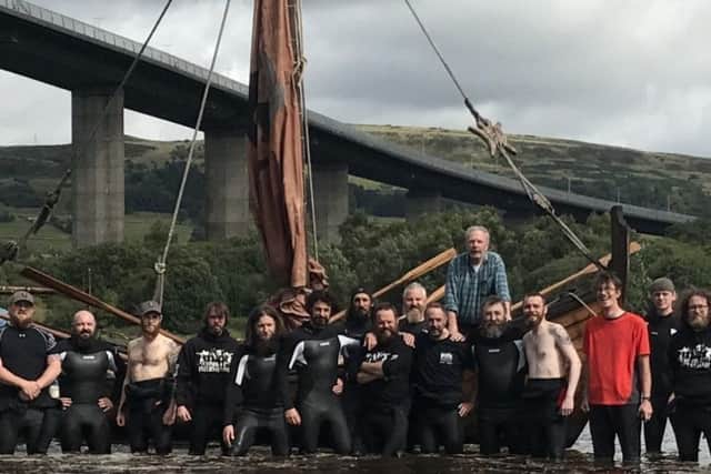 In medieval times Hebridean birlinns would have been a familiar sight on the Clyde (unlike the Erskine Bridge, also in picture).  Training sessions on how to handle one were fun but exhausting for these Outlaw King men.