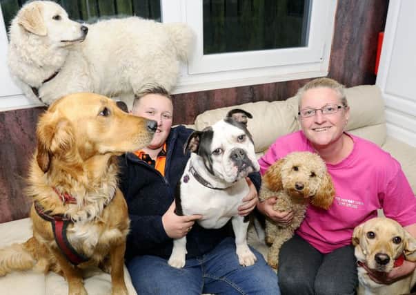Elaine Johnston (right) is pictured with her daughter, Claire, and some of the dogs she walked for charity. Picture: Michael Gillen
