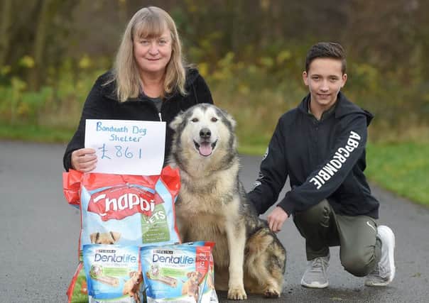 AJ Anderson makes his donation to Anne Vines and a four-legged friend at Bandeath Dog Shelter