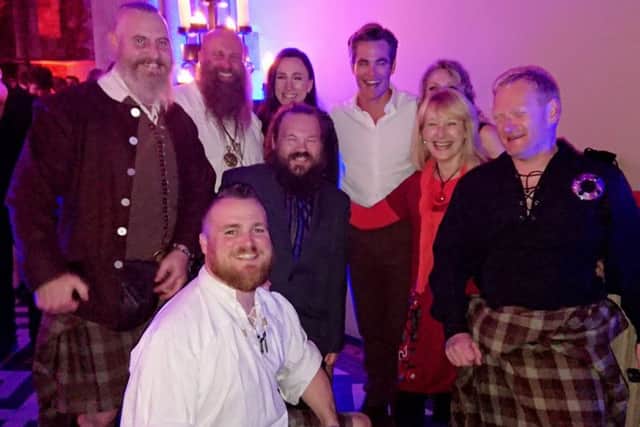 Falkirk man Jamie Biddulph, front, with Scottish members of the Outlaw King cast at the movie's launch party, with Chris Pine (back)