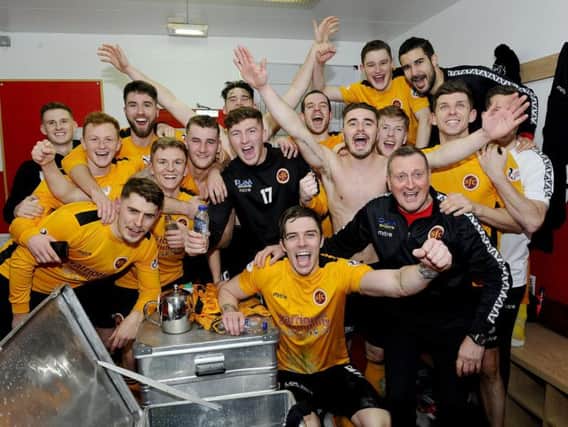 Stenhousemuir players celebrate their draw with Aberdeen at Pittodrie