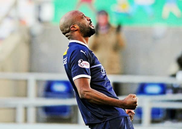 William Edjenguele celebrates his debut goal for Falkirk (Pic by Michael Gillen)