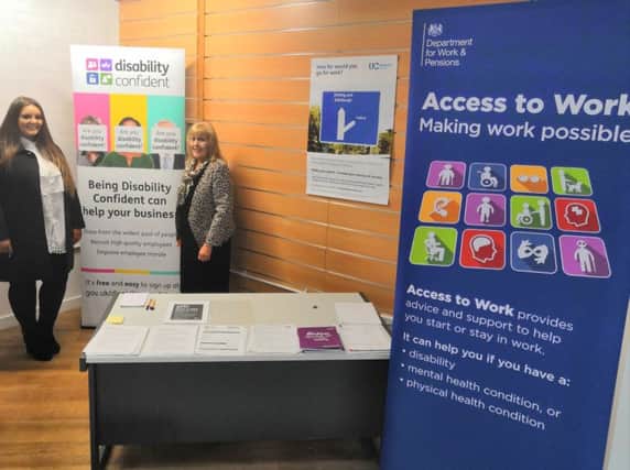 Mhairi MacDonald, office manager at Forth Valley Community Focus CIC with Jean Cordiner, DWP employer adviser at the newly opened Falkirk Employability Hub in Callendar Square