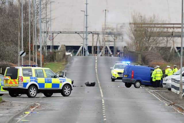 Police remain at the scene in Bo'ness Road, Grangemouth. Picture: Michael Gillen